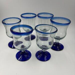 6 Mexican Cobalt Blue Stemmed Glasses NEW